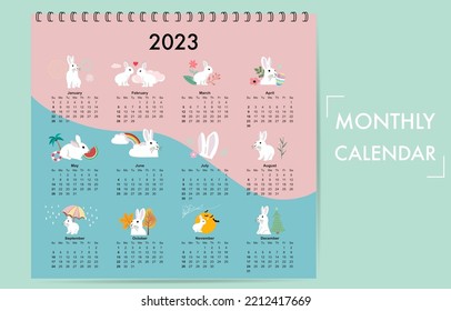 Cute seasonal holiday calendar 2023 with rabbit special festival