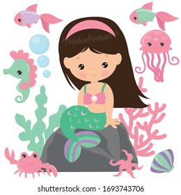 Cute seated mermaid vector cartoon illustration