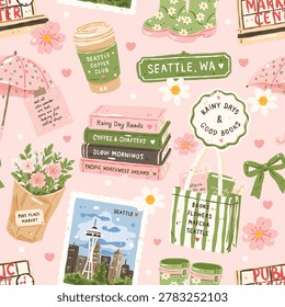 Cute Seattle Bookish Seamless Pattern with Coffee, Space Needle and Pike Place Market, PNW Reader Digital Paper Background