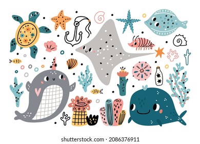 Cute seaweed and animals. Funny ocean inhabitant, underwater organisms life, kids marine flora and fauna, corals and sea sponges, childish marine collection, vector