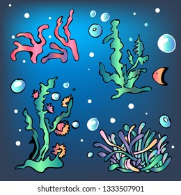 Cute seaweed on blue background. 
Seaweed pattern for magazine, book, poster, card, children invitation, web pages