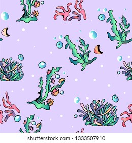 Cute seaweed on blue background. 
Seaweed pattern for magazine, book, poster, card, children invitation, web pages