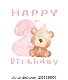 A cute second Birthday teddy bear wearing a party hat with pink number 2, Adorable innocence animal watercolor illustration Perfect for birthdays, nursery, greeting card.