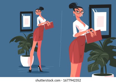 Cute secretary in office vector illustration. Attractive woman in mini skirt and blouse holding paper folder flat style concept. Stylish assistant manager