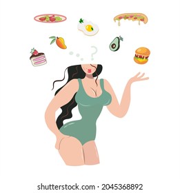 Cute seductive girl on a diet. A chubby woman in a green swimsuit faces a choice. Healthy food versus fast food concept. Diet and healthy eating. Trendy vector design. Flat cartoon isolated style.