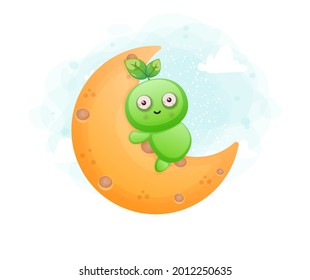 Rutsche Samenfigur, die einen Mond umarmt. Alien-Maskottchen-Charakter Premium-Vektorgrafik