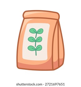 Süße Samenpackung mit winzigen Sämlingen. Kawaii-Vektorgrafik mit Umriss, einzeln auf weißem Hintergrund. Icon für gemütliche Spiele, Kinderdekoration, Frühlingsdesign
