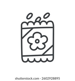 Cute seed sachet icon. Hand drawn monochrome illustration of a small paper bag of seeds decorated with a flower isolated on a white background. Kawaii spring sticker. Vector 10 EPS.