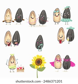 Cute  seed, sunflower seeds, sunflower, characters, funny, characters set, collection. Flat vector illustration. Activities, playing musical instruments, sports, funny nuts.