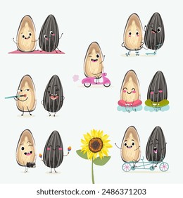 Cute  seed, sunflower seeds, sunflower, characters, funny, characters set, collection. Flat vector illustration. Activities, playing musical instruments, sports, funny nuts.