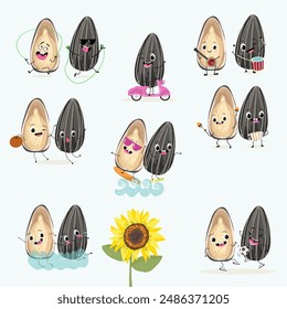 Cute  seed, sunflower seeds, sunflower, characters, funny, characters set, collection. Flat vector illustration. Activities, playing musical instruments, sports, funny nuts.