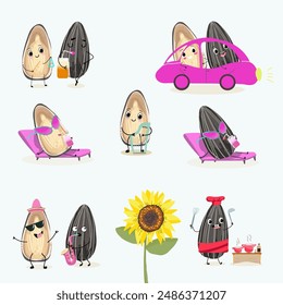 Cute  seed, sunflower seeds, sunflower, characters, funny, characters set, collection. Flat vector illustration. Activities, playing musical instruments, sports, funny nuts.