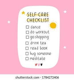 Cute self-care checklist. Illustration on pink background.