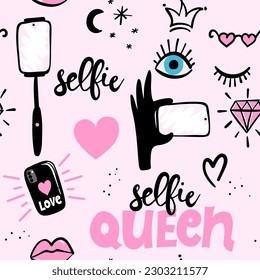 Cute selfie queen elements - funny doodle, seamless pattern. Selfie stick, winking eyes, hearts, fashion elements. Cartoon background, texture for bedsheets, pajamas, wrapping papers.