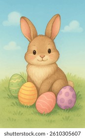 Cute semi-realistic Easter bunny sitting in green grass surrounded by colorful eggs. Soft pastel spring background with blue sky. Perfect holiday illustration for Easter-themed designs.