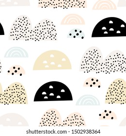 Padrão bonito sem emenda com formas abstratas coloridas. Perfeito para tecidos infantis, têxteis, papel de parede do berçário. Desenhado à mão ilustração padrão sem emenda com colinas e montanhas.
