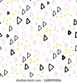 Cute semless pattern with colorful abstract shapes. Perfect for kids fabric, textile, nursery wallpaper. Vector illustration. Black and pink triangles on a white background.