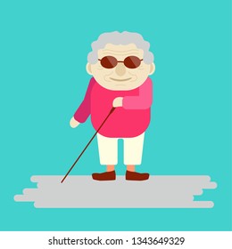Cute senior caucasian with vision disabilities and mobility aids. Smiling old lady with stick and sunglasses. Flat style blind grandmother. Stock vector illustration.