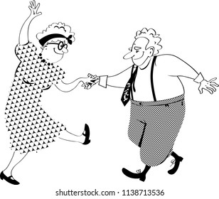 Cute Senior Citizens Couple Dancing, EPS 8 Vector Line Illustration, No White Objects