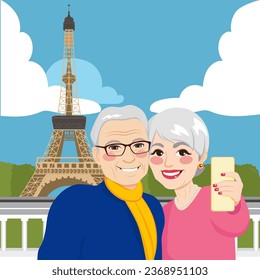 Hermosa pareja de veteranos en un hermoso paisaje con la Torre Eiffel en París. Selfie sobre el símbolo de la atracción turística de Francia