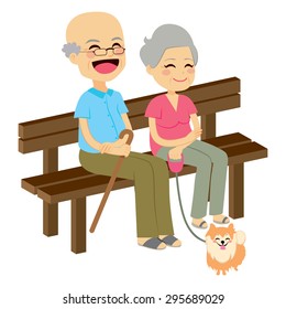 Cute senior couple sitting on wooden bench with dog resting