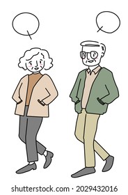 Cute senior couple walking side by side and chatting. Portrait of mature man and woman walking along street and talking to each other. Happy elderly couple have pleasant talk while walking together.