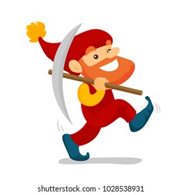 Cute senior dwarf in a red overall and hat walking with a pickaxe. Happy dwarf miner with beard holding a mattock. Vector cartoon illustration isolated on white background. Square layout.