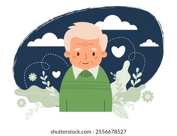 Cute Senior elderly man Mental Health Nature. Concept gray-haired old man, beneficial effects of environment, wellness, care, viability and self-love. Vector illustration in flat style