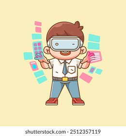 Cute senior high school boy interact virtual reality glasses vr chibi kawaii character mascot outline style set