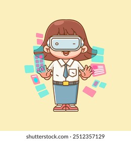 Cute senior high school girl  interact virtual reality glasses vr chibi kawaii character mascot outline style set