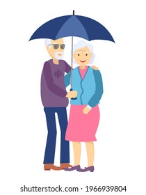 Cute senior husband and wife under an umbrella on white. Happy Elderly couple walk under a common umbrella. Aged family character.