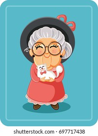 Cute Senior Lady with Her Cat Pet Vector Illustration - Drawing of a cute grandma holding her kitten
