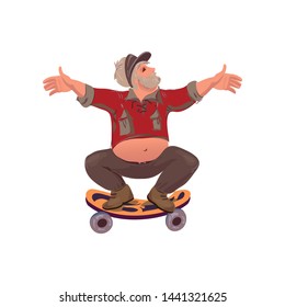 Cute senior man with grey beard riding on skateboard
