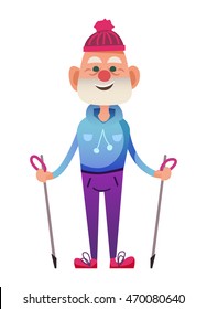Cute senior man with poles for Nordic walking. Winter senior sportsmen in funny hat. Isolated on white background.