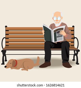 Cute senior man reading with cute dog sleep on the floor. Flat modern illustration. Vector of people in reading activity.