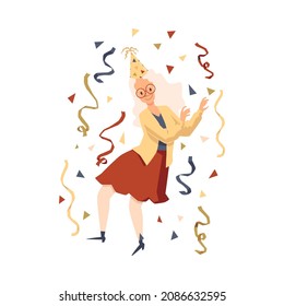 Cute senior woman or grandmother dancing among confetti, flat vector illustration isolated on white background. Senior aged lady birthday or anniversary celebration.