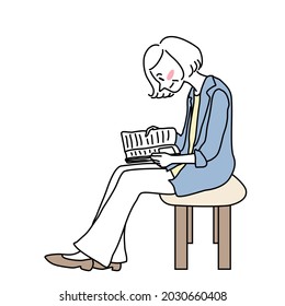 Cute senior woman sitting on bench and reading book. Portrait of mature lady enjoying book reading. Happy elderly woman reading magazine at bookstore. Smiling woman sitting alone and reading book.