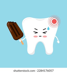 Cute sensitive tooth with ice cream and pain. Dental kawaii character with food and toothache cold discomfort isolated on white background. Flat design vector ill tooth with hurt illustration. 