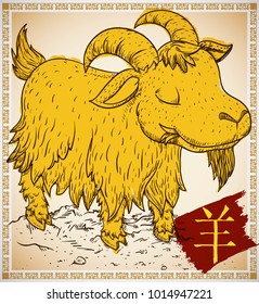 Cute serene goat chewing grass in hand drawn style and yellow brushstroke and red sign with the name of this Chinese Zodiac's animal, written  in Chinese calligraphy.
