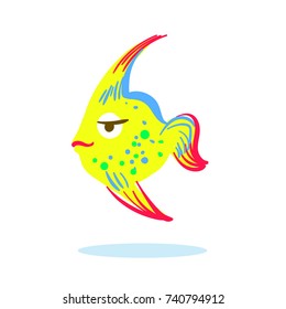 Cute serious face cartoon yellow fish character hand drawn vector illustration