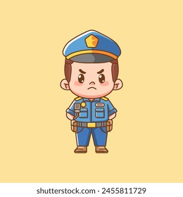 Cute serious police officer uniform kawaii chibi character mascot illustration outline style design set