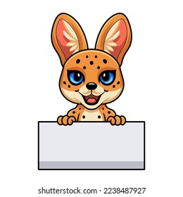 Cute serval cat cartoon holding blank sign