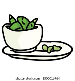 Cute served edamame in bowl. Hand drawn Japanese soybean clipart. 