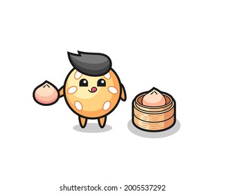 cute sesame ball character eating steamed buns , cute style design for t shirt, sticker, logo element
