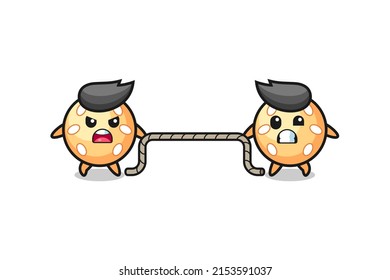 cute sesame ball character is playing tug of war game , cute design