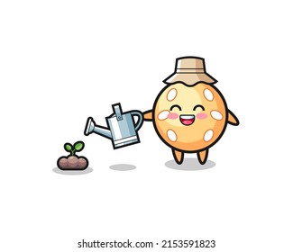 cute sesame ball is watering plant seeds , cute design