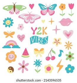 Conjunto de elementos de doodle de los años 00 y 90. Estilo retro glamoroso. Iconos planos de caricatura: mariposa, flores, corazones, emojis, sonrisas, arcoiris. Colección de moda de los años 2000 y2k. Ilustraciones aisladas de vectores