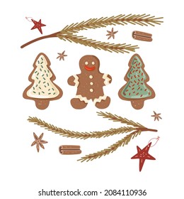 Cute set of 3 gingerbread glazed christmas cookies whith brunches,  spices and stars
