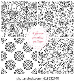 Cute set of 4 floral seamless patterns. Collection of flower prints. Black and white prints.