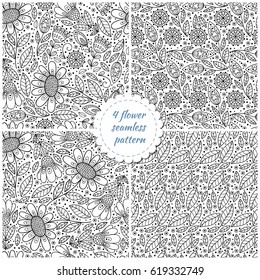 Cute set of 4 floral seamless patterns. Collection of flower prints. Black and white prints.